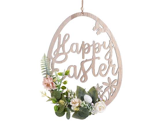 Uovo in legno Happy Easter da appendere con decori floreali