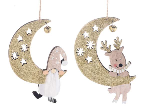 Decorazione in legno a luna con glitter dorati da appendere