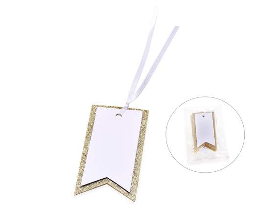 Conf.50 tag in carta bianca e glitter champagne c-nastrino