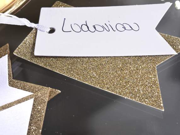 Conf.50 tag in carta bianca e glitter champagne c-nastrino