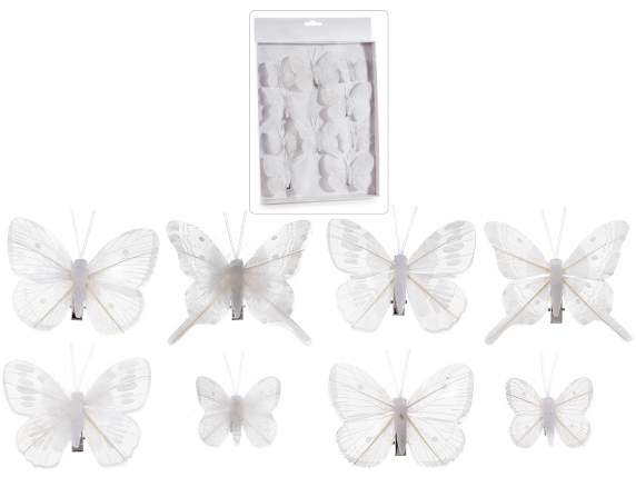 Scatola 10 farfalle bianche 2 misure con piume e clip