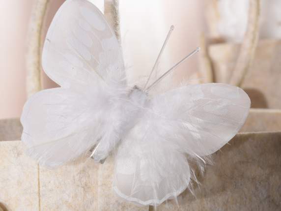Scatola 10 farfalle bianche 2 misure con piume e clip