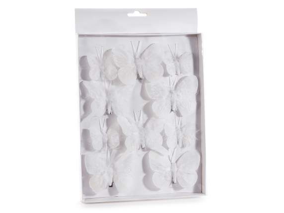Scatola 10 farfalle bianche 2 misure con piume e clip