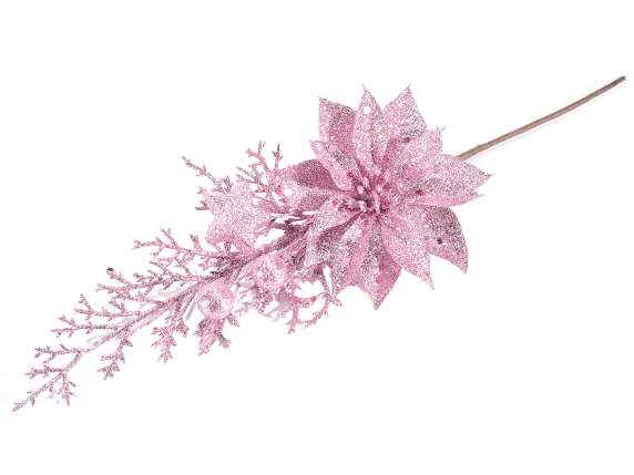 Rametto rosa glitterato con stella di Natale e bacche