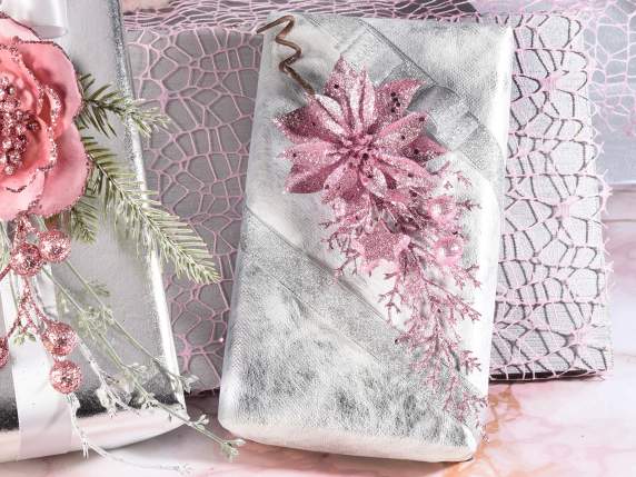Rametto rosa glitterato con stella di Natale e bacche