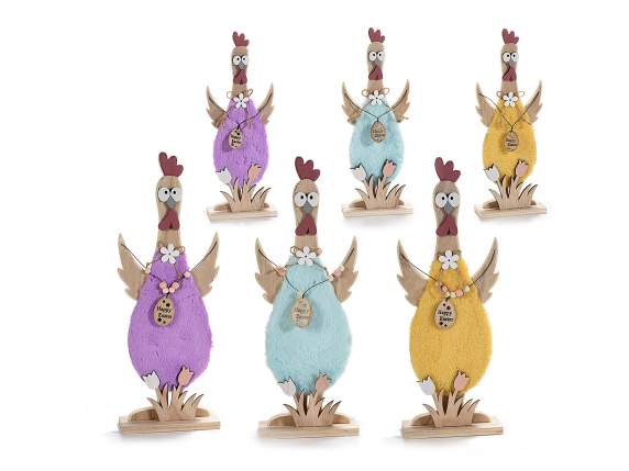 Set 2 galline legno naturale c-uovo e vestito in finto pelo