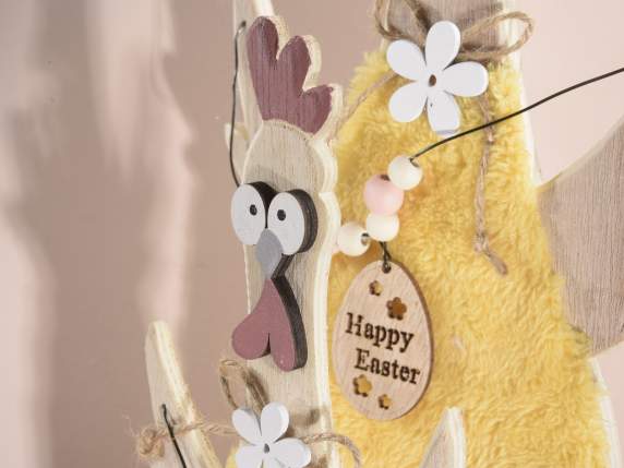 Set 2 galline legno naturale c-uovo e vestito in finto pelo