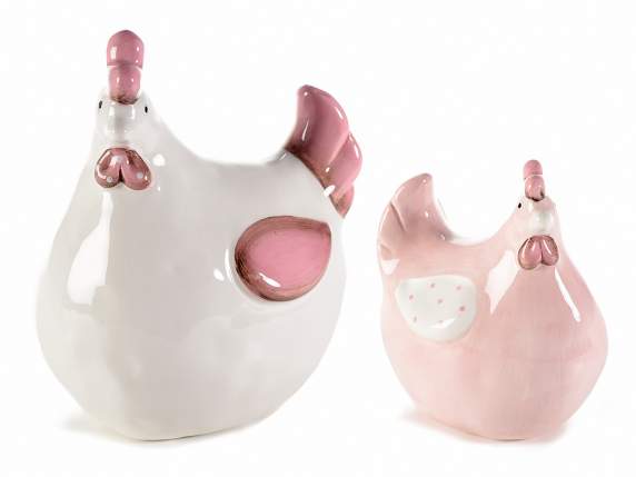 Set 2 gallinelle decorative in ceramica da appoggiare
