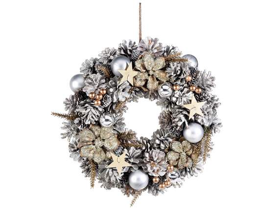Ghirlanda pigne glitterate con palline e fiori da appendere