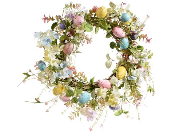 Ghirlanda di uova colorate e fiori artificiali