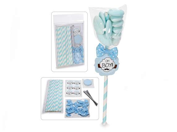 Kit bomboniera da 18 pezzi con stick, tag e fiocco azzurro