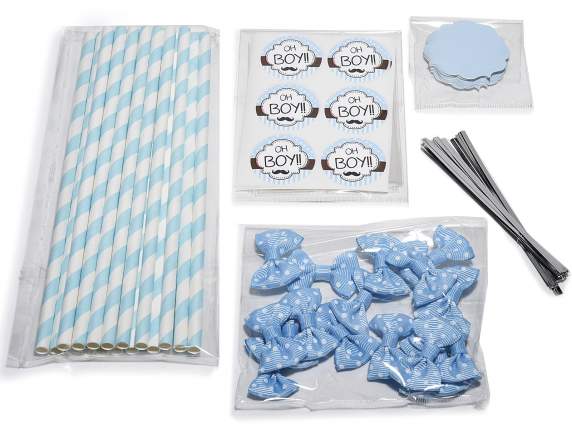 Kit bomboniera da 18 pezzi con stick, tag e fiocco azzurro