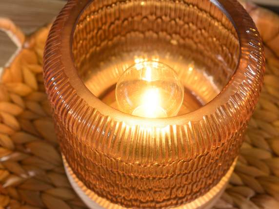 Lampada in vetro colorato c-base legno e lampadina a LED