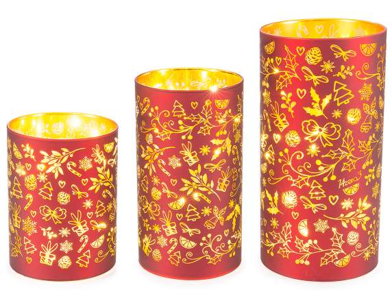 Set 3 lampade natalizie a cilindro in vetro decorato con LED