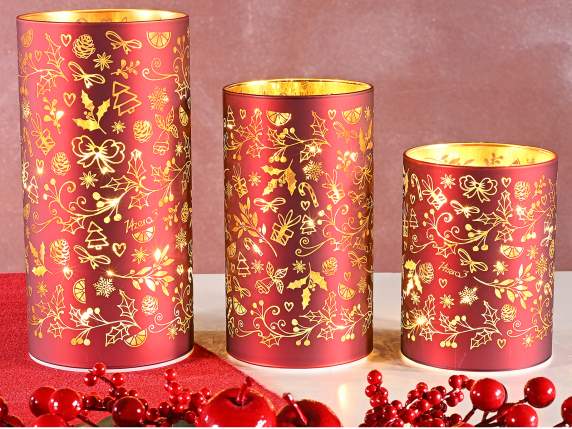 Set 3 lampade natalizie a cilindro in vetro decorato con LED