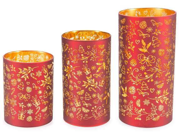 Set 3 lampade natalizie a cilindro in vetro decorato con LED