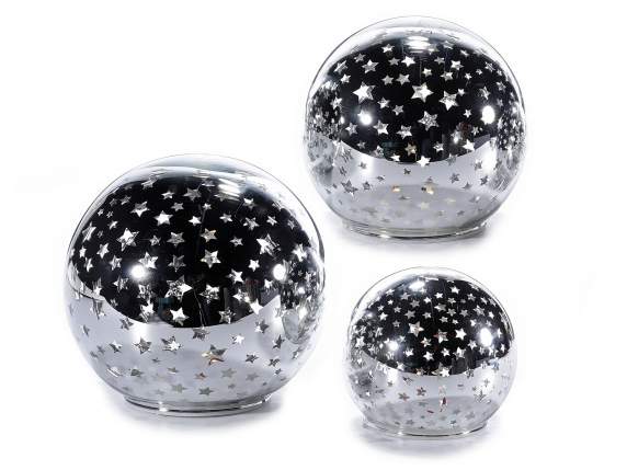 Set 3 lampade a sfera argento, luce led bianco caldo e timer