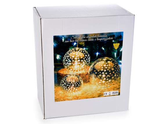 Set 3 lampade a sfera argento, luce led bianco caldo e timer