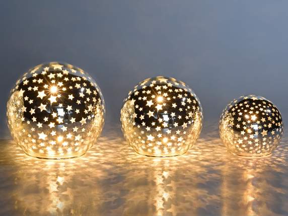 Set 3 lampade sfera argento c-luce led bianco caldo e timer