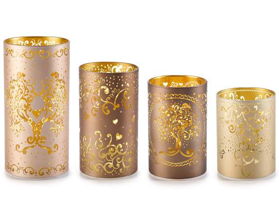 Set 4 lampade in vetro con Albero della Vita e luci LED