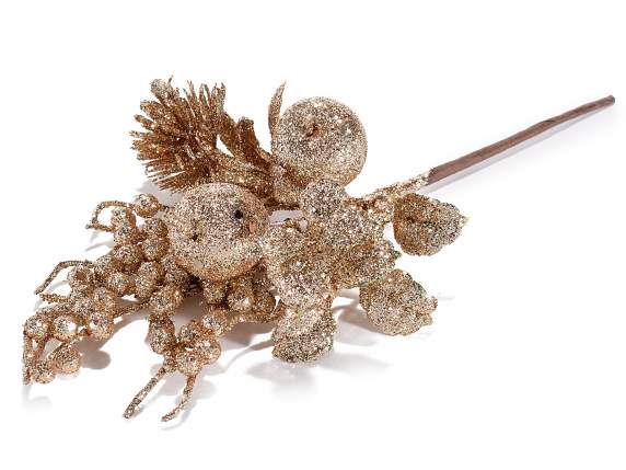 Mazzolino di bacche e mele artificiali glitterate champagne