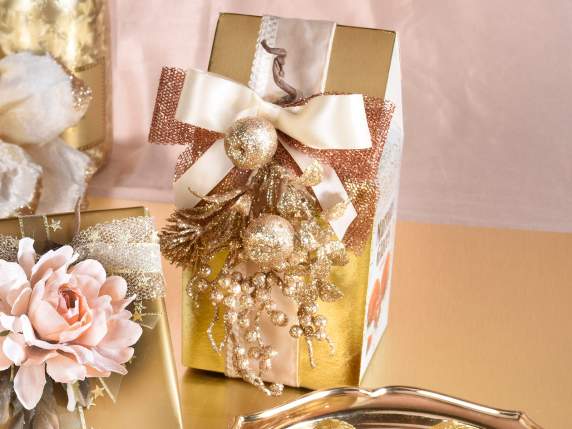 Mazzolino di bacche e mele artificiali glitterate champagne