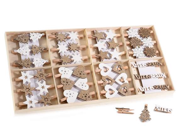 Espositore 48 mollettine in legno bianco con glitter dorati