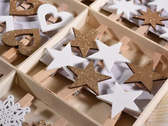 Espositore 48 mollettine in legno bianco con glitter dorati