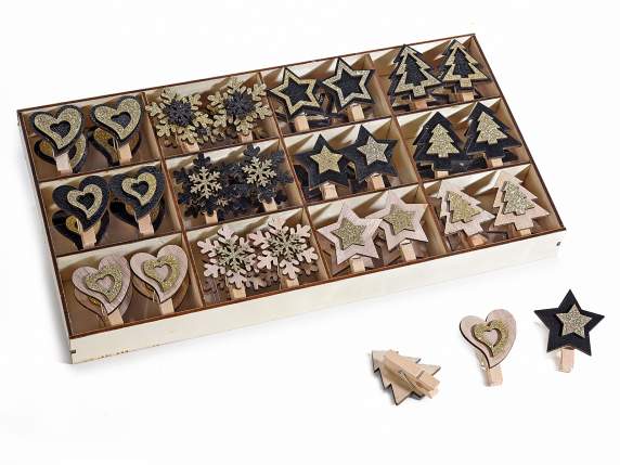 Espositore 48 mollette natalizie in legno con glitter