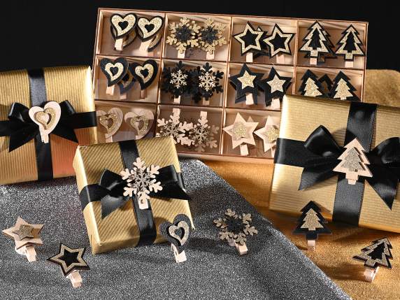 Espositore 48 mollette natalizie in legno con glitter