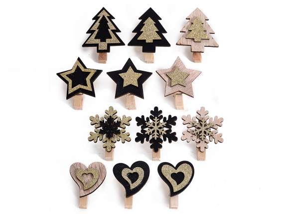 Espositore 48 mollette natalizie in legno con glitter