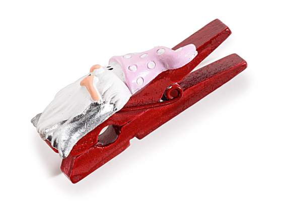 Blister con 6 mollette in legno con gnomi rosa