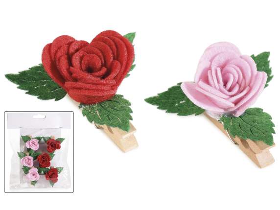Confezione 6 mollette in panno con rosellina e foglie