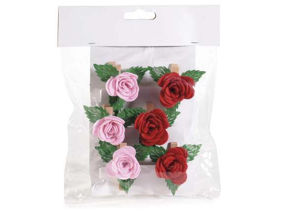 Confezione 6 mollette in panno con rosellina e foglie