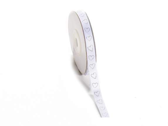 Nastro doppio raso bianco c-cuoricini glitterati in argento