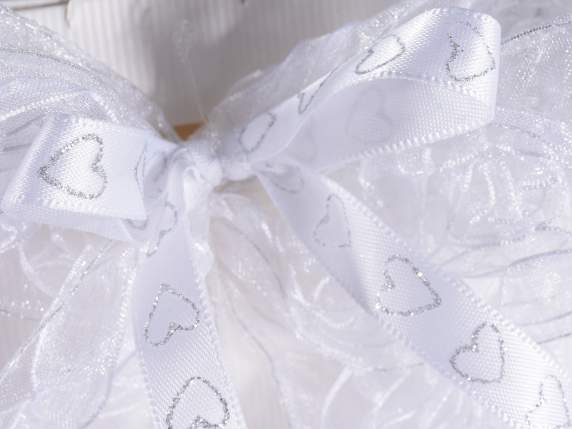 Nastro doppio raso bianco c-cuoricini glitterati in argento