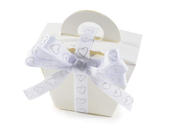 Nastro doppio raso bianco c-cuoricini glitterati in argento