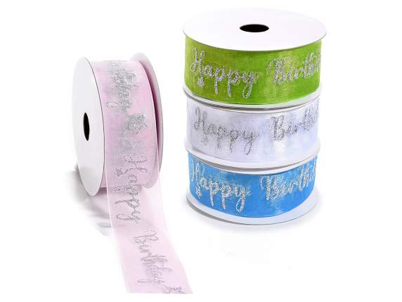 Nastro in organza con scritta glitterata Happy Birthday