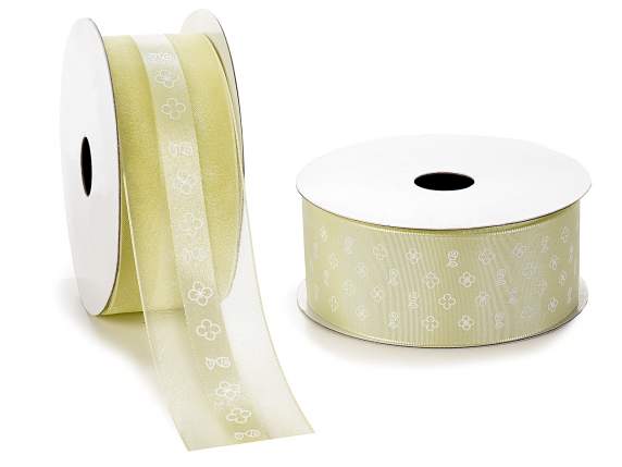 Nastro verde in organza - raso 38mm con fiorellini