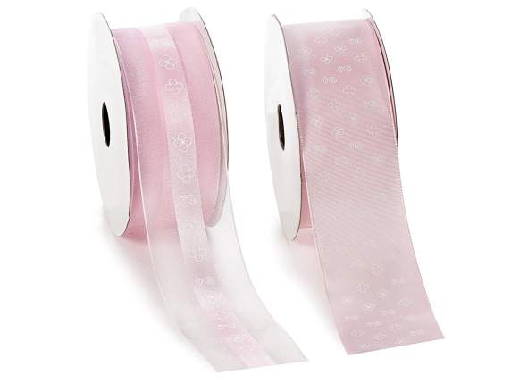 Nastro in organza-raso rosa con fiorellini