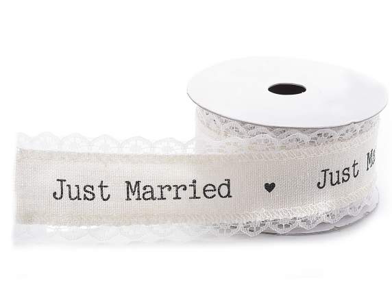 Nastro in cotone e pizzo con stampa Just married