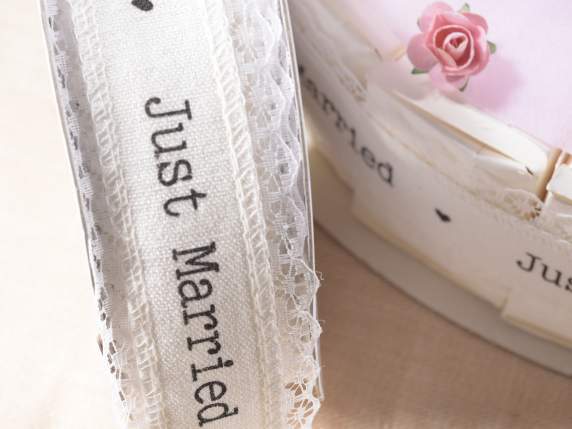 Nastro in cotone e pizzo con stampa Just married