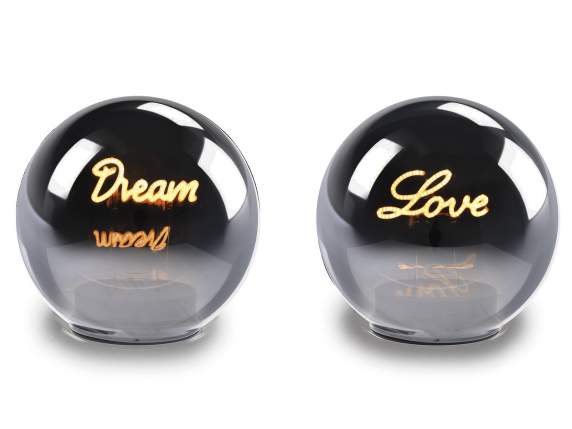 Lampada sfera in vetro specchiato con scritta a luce LED 3D