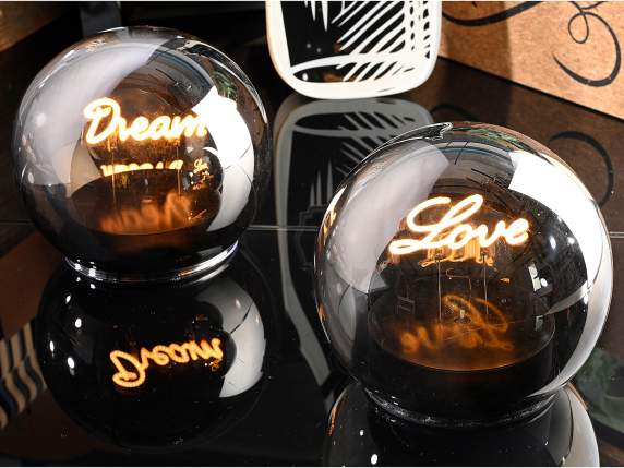 Lampada sfera in vetro specchiato con scritta a luce LED 3D