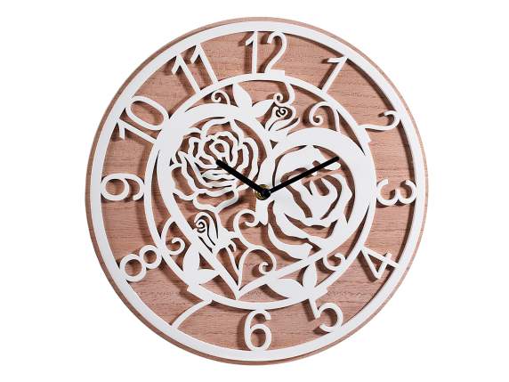 Orologio da parete in legno con decoro Rose-Cuori