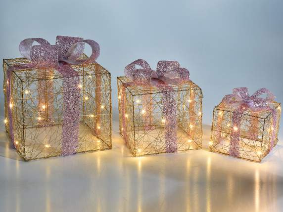 Set 3 pacchi regalo in metallo con luci led bianco caldo