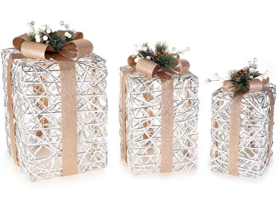 Set 3 pacchi regalo in rattan con luci led bianco caldo