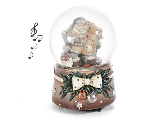 Palla a neve carillon con Babbo Natale e Teddy in resina