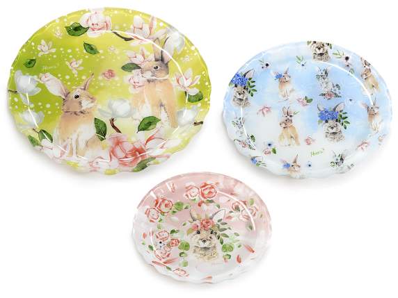 Set 3 piatti tondi in vetro decorato con stampe coniglietti
