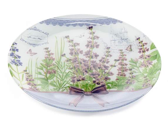 Piatto tondo in vetro colorato con stampa lavanda